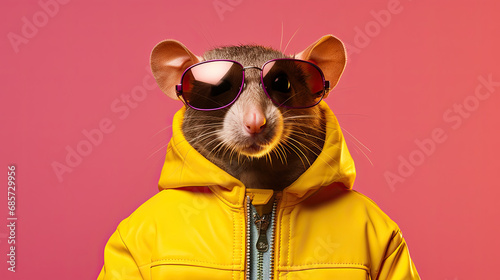 mouse wearing sunglasses and yellow jacket on pink background photo