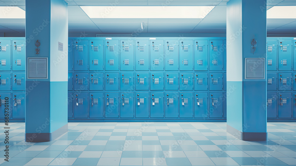blue lockers in a school hallway. high school lobby corridor interior - obrazy, fototapety, plakaty 