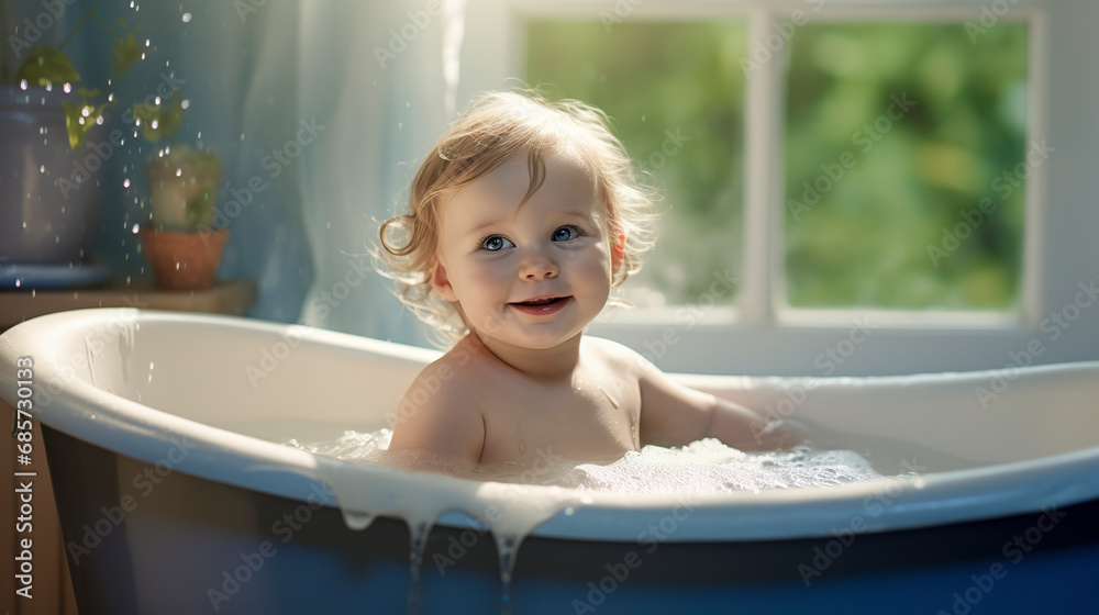 child enjoying a bubble bath in a blue tub, with a window overlooking a garden in the background, ai generative child enjoying a bubble bath in a blue tub, with a window overlooking a garden in the background, ai generative