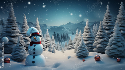 Realistic 3D snowman in winter background © Adam