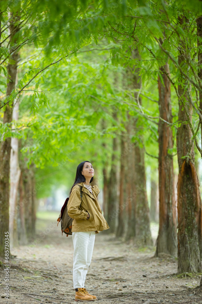 Hiking woman in the greenery forest Hiking woman in the greenery forest