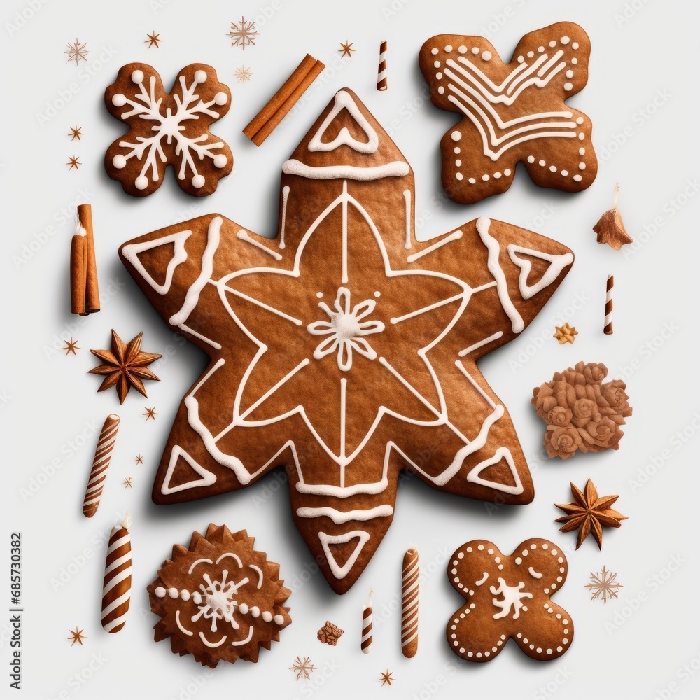 Gingerbread christmas snowflake star santa man tree cookie biscuit on transparent background cutout