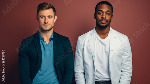 a doctor stand beside man wearing shirt on a serialism colord background, bright shoot