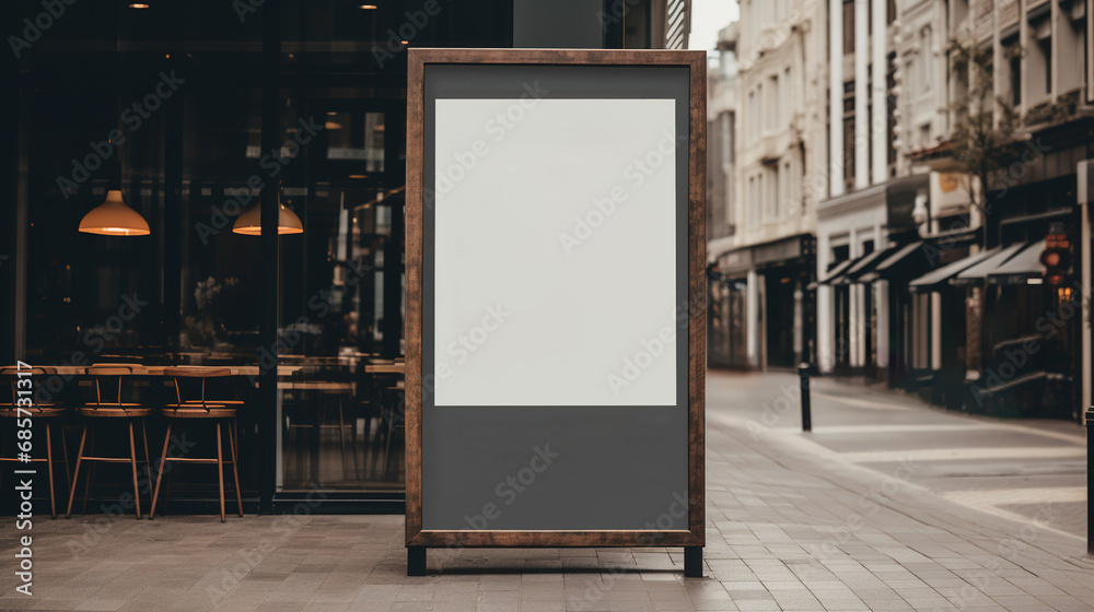 Generative AI, coffee shop street poster or signboard mock up for logo design, brand presentation, aesthetic muted neutral colors, on the wall outdoor..