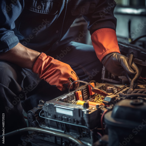 Technician Hands of car mechanic working repair in auto repair Service electric battery and Maintenance of car battery. Check the electrical system inside the car.