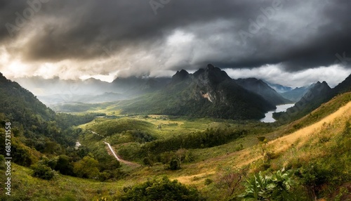 wallpaper of a beautiful valley with mountains and storm clouds; dramatic scene; beauty world; panorama