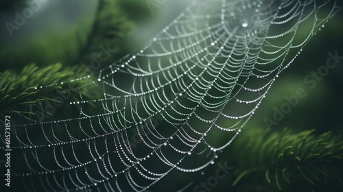 A close-up of a dew-covered spiderweb in a misty morning forest, capturing the intricate beauty of nature in the details.