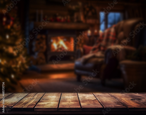 Wooden, empty table with blurred background of Christmas decoration and fireplace in living room. Copy space.