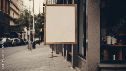 Generative AI, coffee shop street poster or signboard mock up for logo design, brand presentation, aesthetic muted neutral colors, on the wall outdoor..