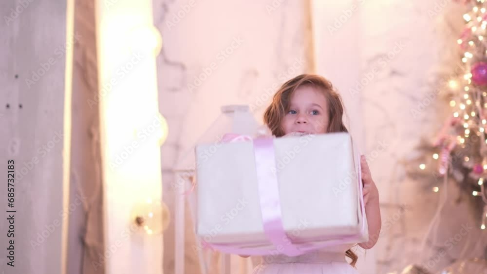 a cute little girl with long curly shaking christmas box and smiling on christmas background. a cute little girl with long curly shaking christmas box and smiling on christmas background.