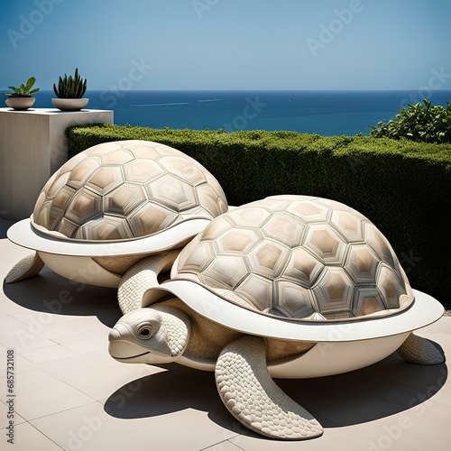 inviting garden patio with [seashell-shaped loungers] inspired by a turtle's form, made of weather-resistant materials and accompanied by turtle-patterned cushions, luxury resort hotel