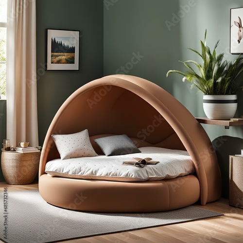 Cozy Bedroom with a Burrow-Inspired Bed Made from Soft Foam, Resembling a Rabbit's Form, interior of a bedroom, interior of a hotel room photo