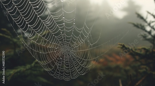 A close-up of a dew-covered spiderweb in a misty morning forest, capturing the intricate beauty of nature in the details.
