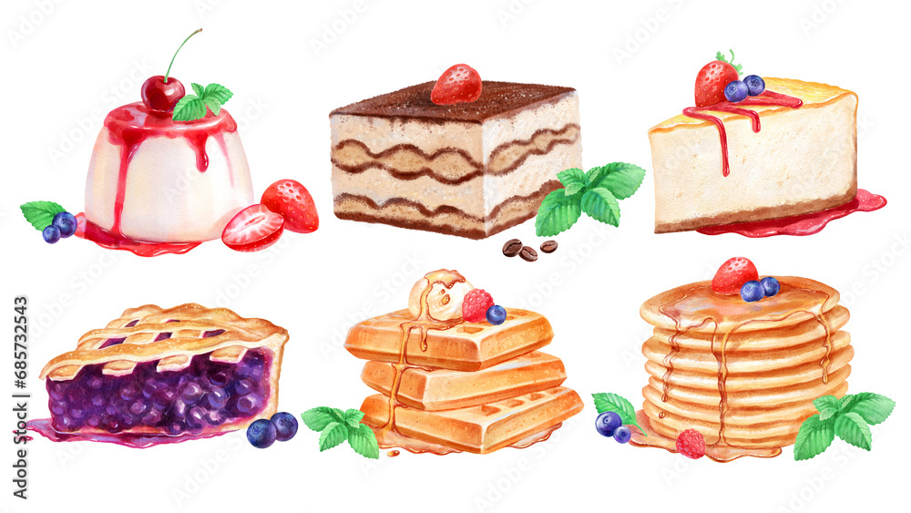 HWatercolor illustrations of Desserts and Cakes HWatercolor illustrations of Desserts and Cakes