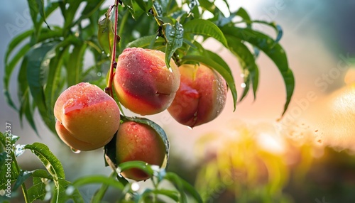 Ripe peaches hanging in a tree photo