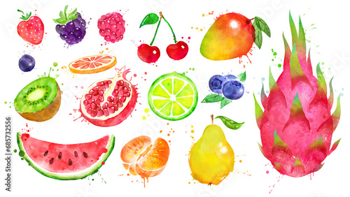 Fototapeta Naklejka Na Ścianę i Meble -  Watercolor illustration set of whole and half of fruit