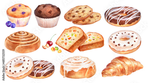 watercolor collection of baked pastry items