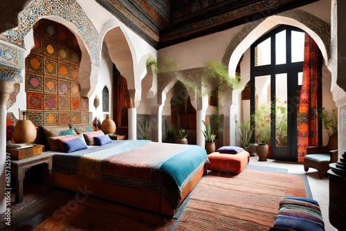 a moroccan riad style bedroom with mosaic tiles and colorful textiles-