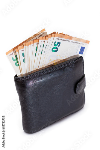 Black Leather Men Wallet with Fifty Euro Banknotes Inside - Isolated on White Background. A Purse Full of Money Symbolizing Wealth, Success and Social Status - Isolation