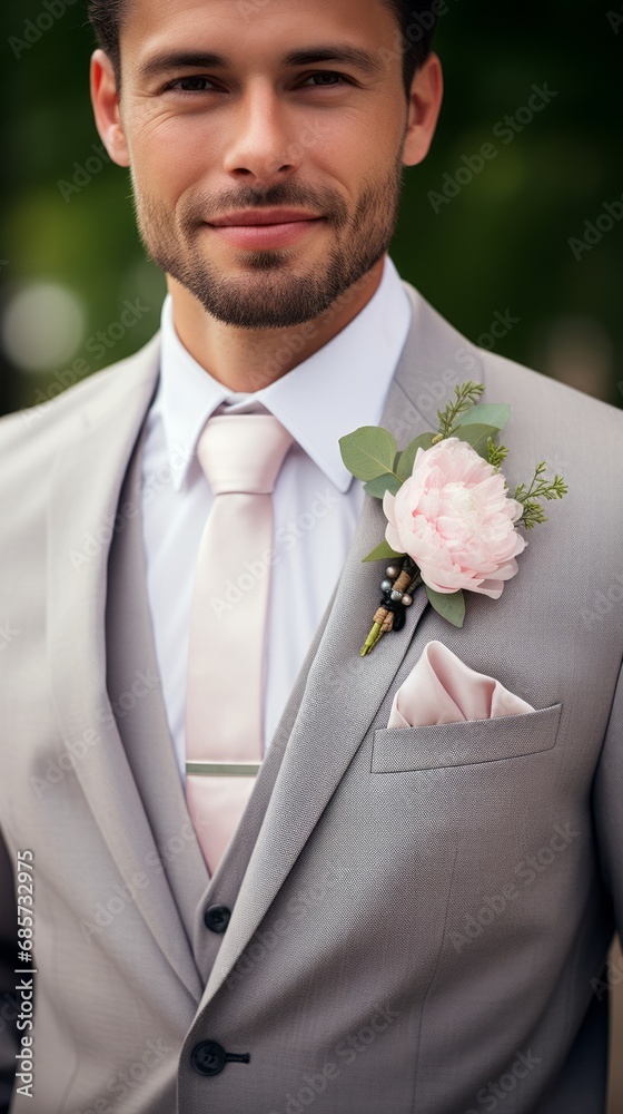 Groom in a fashionable modern suit with a boutonniere close-up Groom in a fashionable modern suit with a boutonniere close-up