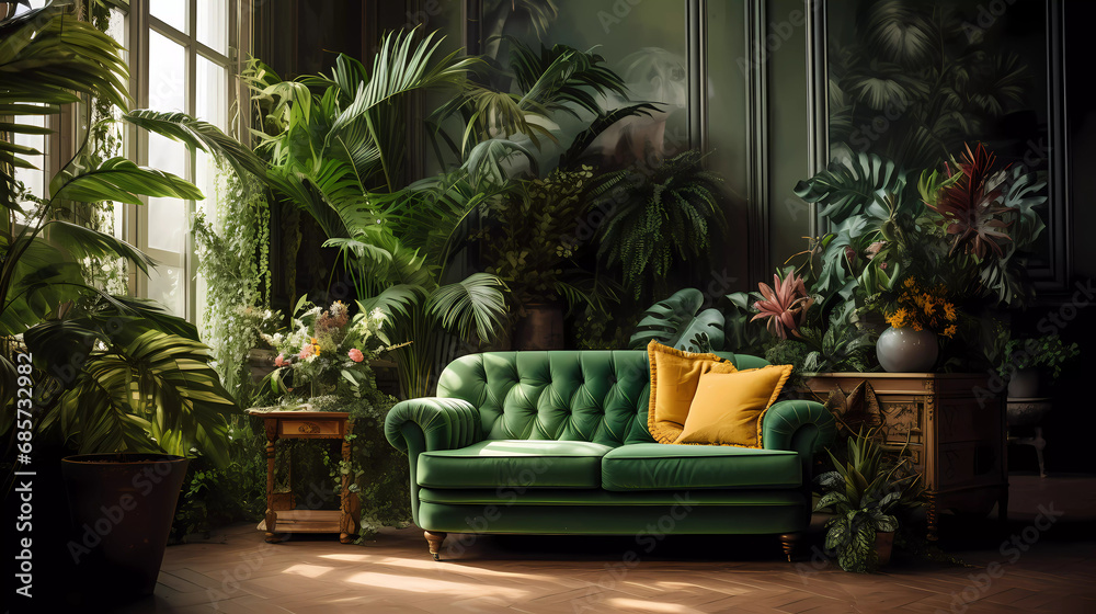 A green couch and chairs with plants in them and a potted plant in the middle of the room