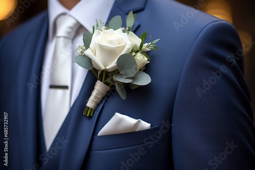 Groom in a fashionable modern suit with a boutonniere close-up photo