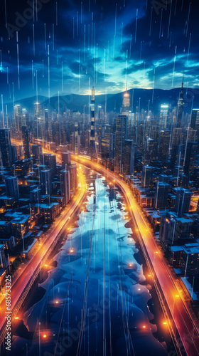 Futuristic Cyberpunk Cityscape with Illuminated Skyscrapers and High-Speed Data Streams in a Dynamic Urban Night Scene