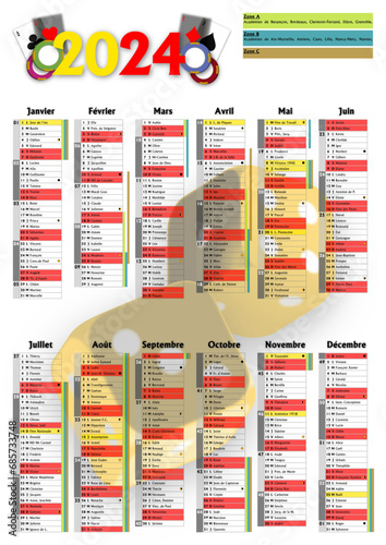 Calendrier 2024 A3 avec vacances scolaires, jours fériés, saints du jour, phases lunaires et numéros de semaine ambiance casino