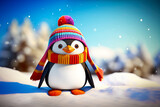 A small cute penguin wearing a knitted colorful hat and scarf in winter in the frosty forest. Concept winter accessories, holiday.