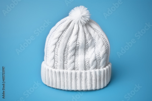 A white knitted winter hat with a white pom - pom and with a beautiful pattern on a blue background with copy space. Concept handmade knitted accessories.