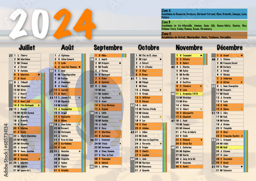 Calendrier 2024 A4 semestre 2 avec vacances scolaires, jours fériés, saints du jour, phases lunaires et numéros de semaine ambiance plage et tongs