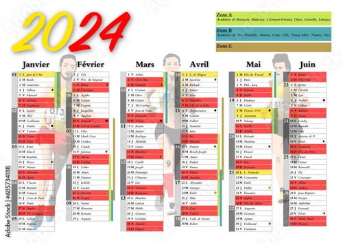 Calendrier 2024 A4 semestre 1 avec vacances scolaires, jours fériés, saints du jour, phases lunaires et numéros de semaine décor running