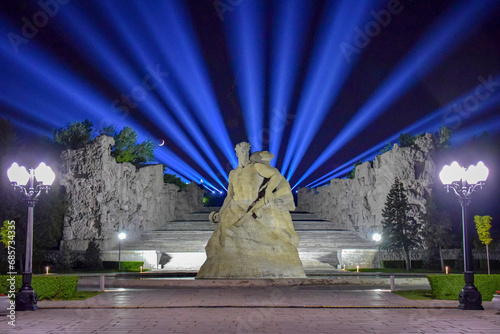 Stand to Death sculpture illumination on the Mamayev Kurgan at night
