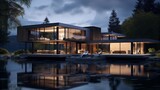 A modern architectural marvel with a sleek design, reflecting in the still waters of a surrounding serene lake at twilight.