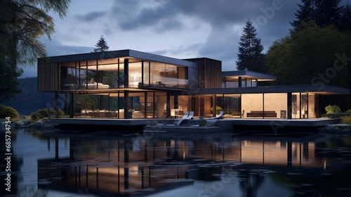 A modern architectural marvel with a sleek design, reflecting in the still waters of a surrounding serene lake at twilight. © Eun Woo Ai