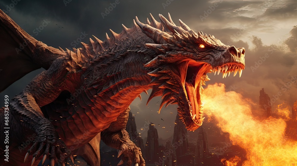 Formidable dragon spewing torrents of fiery breath in a thunderous roar. Mythical, intense, fire-breathing, fierce, legendary creature, fantasy, inferno, mythical beast. Generated by AI. Formidable dragon spewing torrents of fiery breath in a thunderous roar. Mythical, intense, fire-breathing, fierce, legendary creature, fantasy, inferno, mythical beast. Generated by AI.