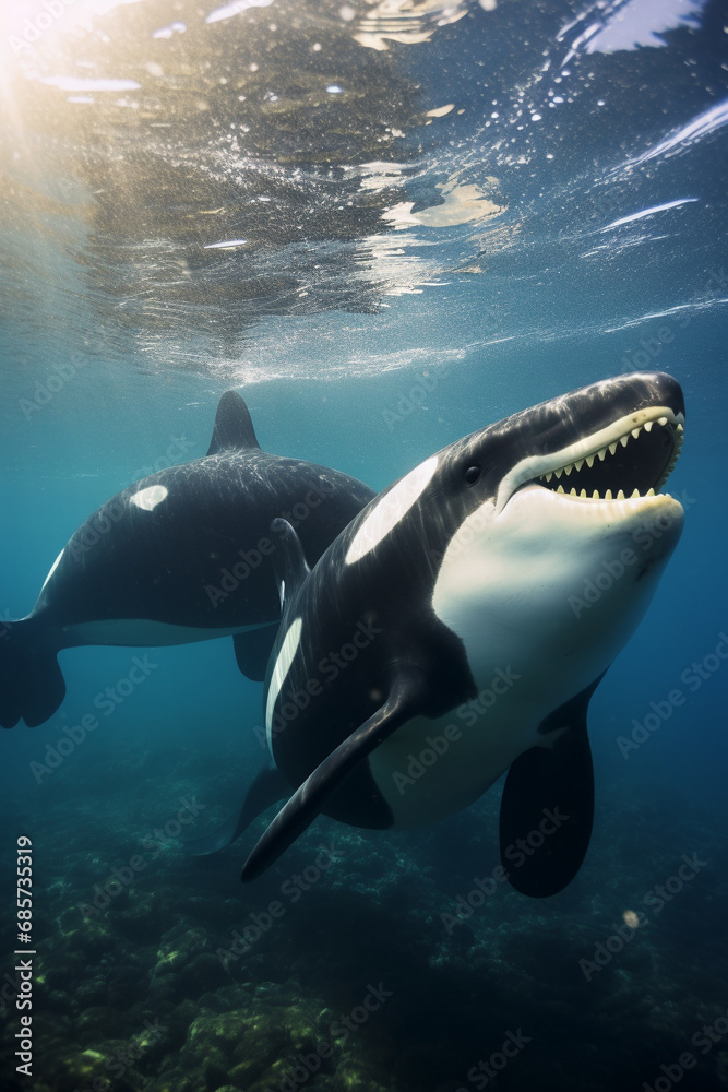 Fototapeta premium Pair orcas, underwater view.