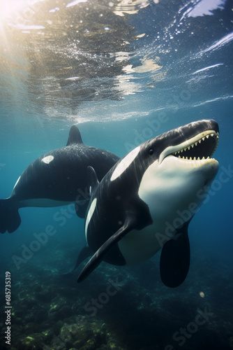 Pair orcas, underwater view. © serperm73