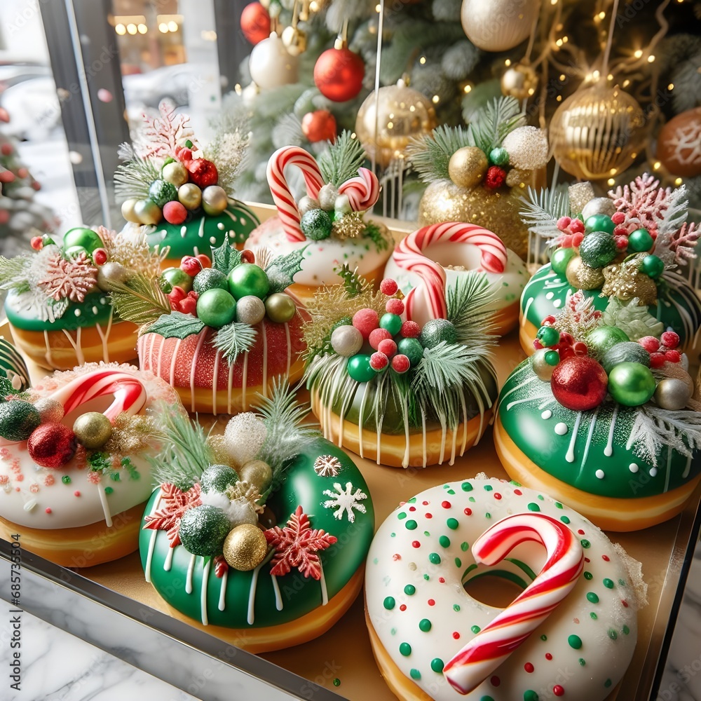 christmas style decorated donuts