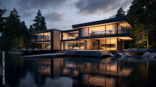A modern architectural marvel with a sleek design, reflecting in the still waters of a surrounding serene lake at twilight. © Eun Woo Ai