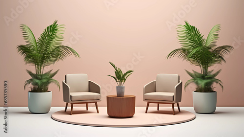 A set of three chairs and a table with a plant in it and a potted plant in the middle;