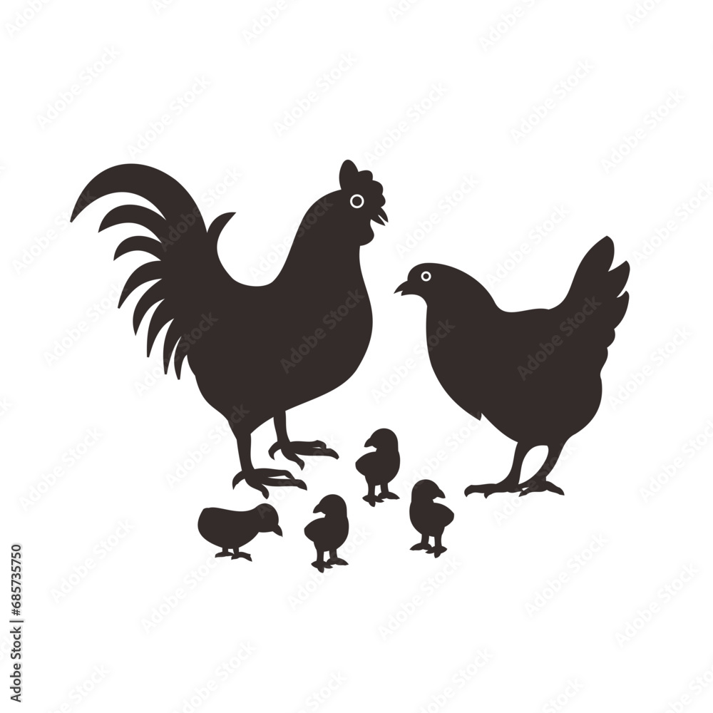Fototapeta premium rooster and hen with chicks silhouette vector style with transparent background,for logos and others