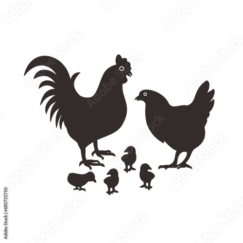 rooster and hen with chicks silhouette vector style with transparent background
