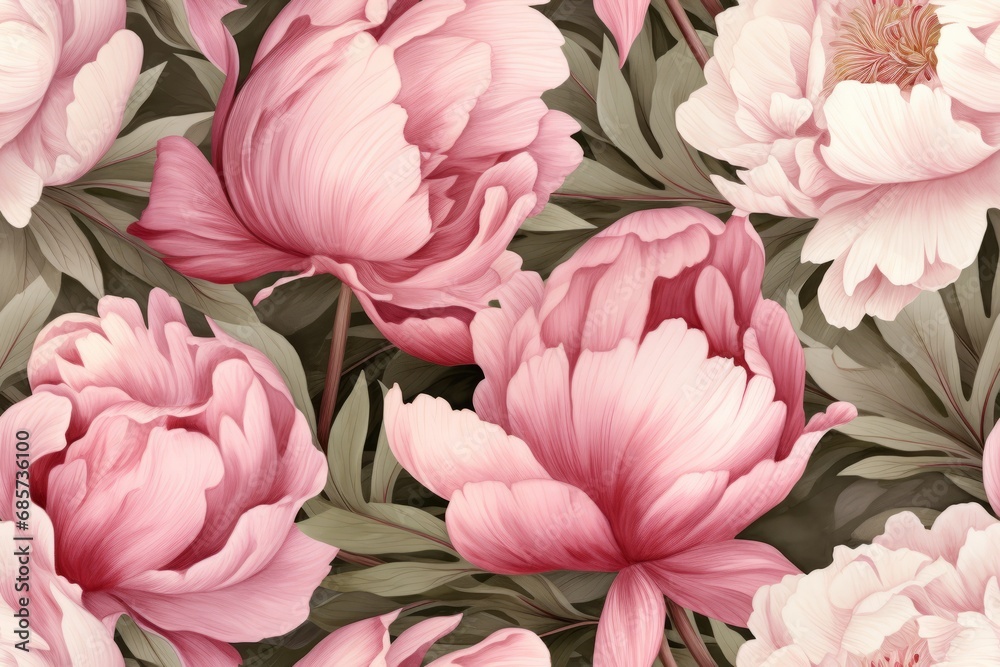 Seamless pattern of soft pink watercolor peonies, illustration