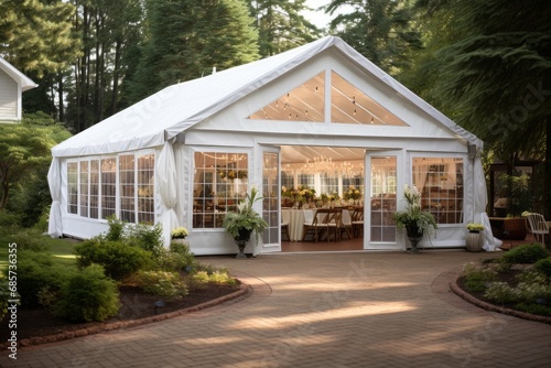 Outdoor wedding tent decorated with flowers, outdoor wedding photo