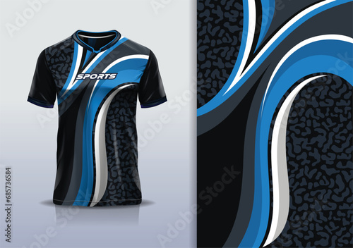 T-shirt mockup with abstract curve line jersey design for football, soccer, racing, esports, running, in blue black color