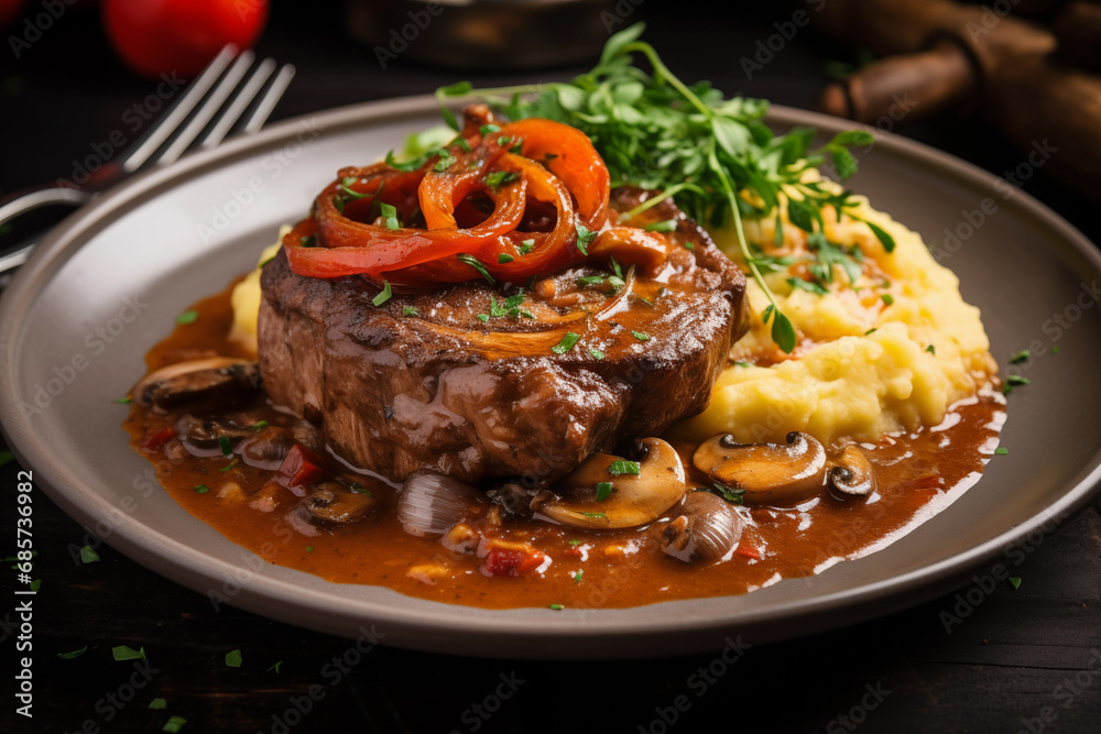 Steak with mushroom sauce and mashed potato. Generative AI Steak with mushroom sauce and mashed potato. Generative AI