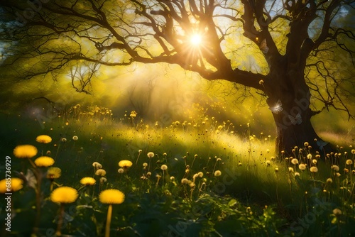Fairy tree crowns illuminated by brilliant sunlight, accompanied by soaring dandelions and butterflies. Enchanted woodland in first light.