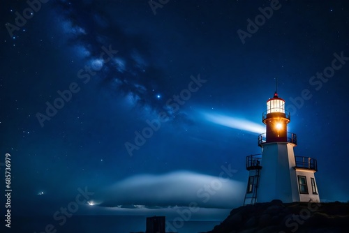 Night sky with a lighthouse and gorgeous blue stars peeking through the clouds in the backdrop.