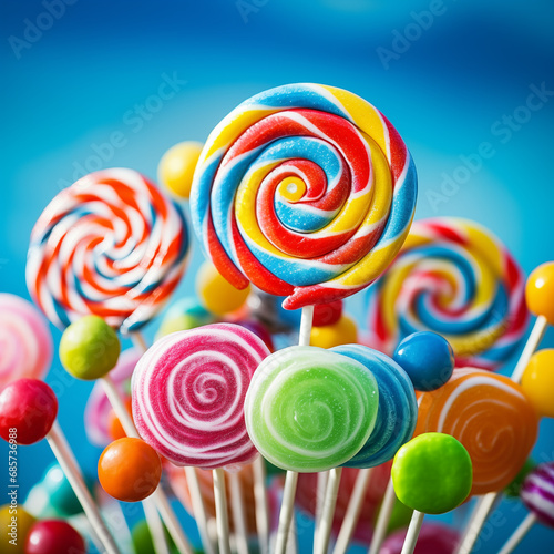 Colorful lollipops on blue background. Generative AI